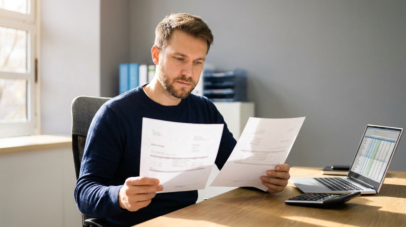 Business owner comparing two financing offer sheets